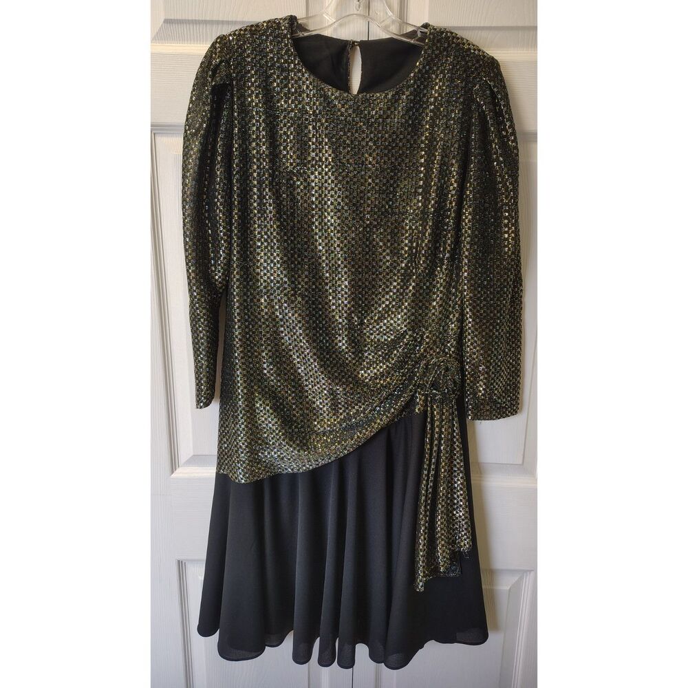 Vintage T&F Black & Metallic Gold Brocade Puff Sleeve Dress - Petite Size 16P